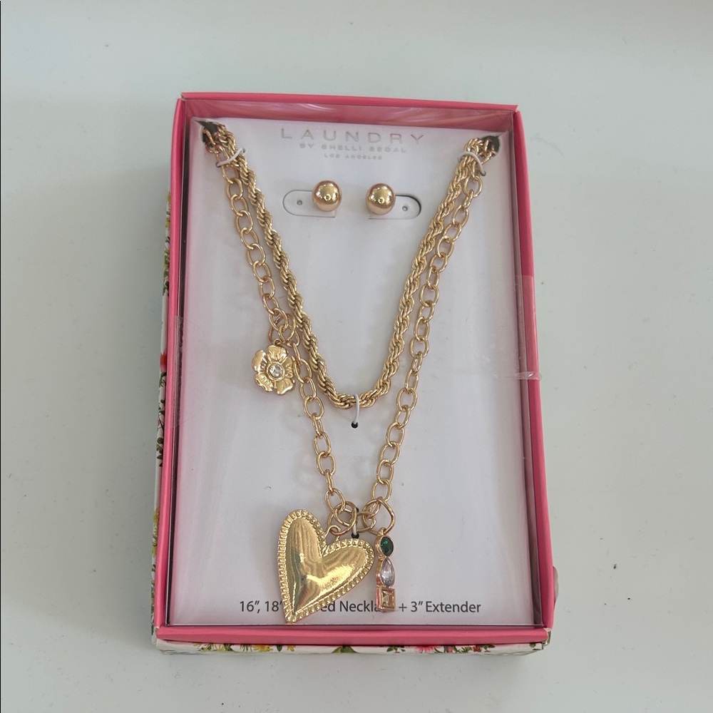 Laundry by Shelli Segal Gold Tone Heart Layered Necklace and Stud Earring Set